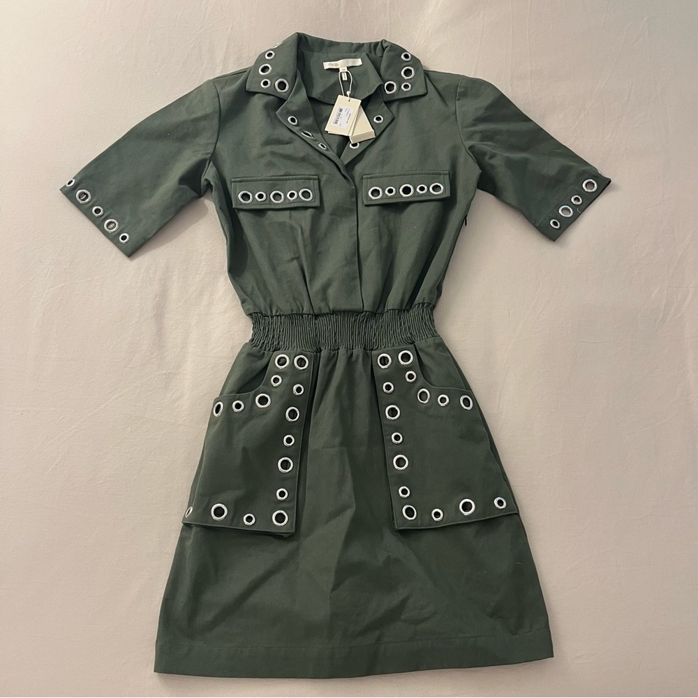 MAJE Green Studded Mini Ramil Utility Dress